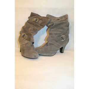 Bakers Gray Suede mid-calf Chunky Heel Pull-on Slouch Boots Buckles sz 7 1/2B
